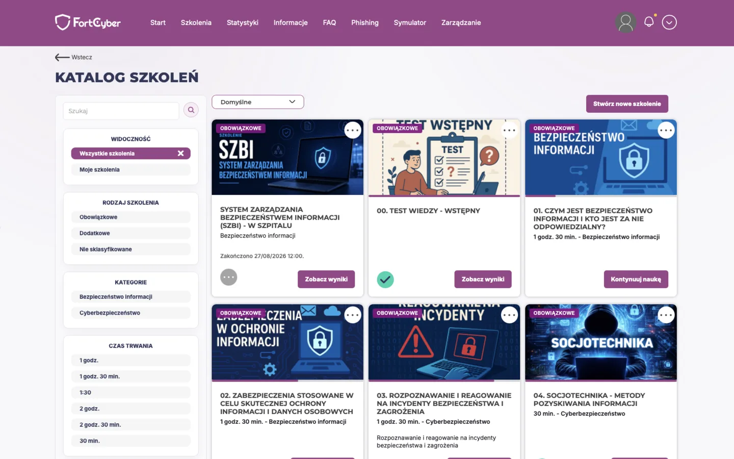 Platforma FortCyber: katalog szkoleń z filtrami, statusem ukończenia i przyciskami kontynuacji nauki
