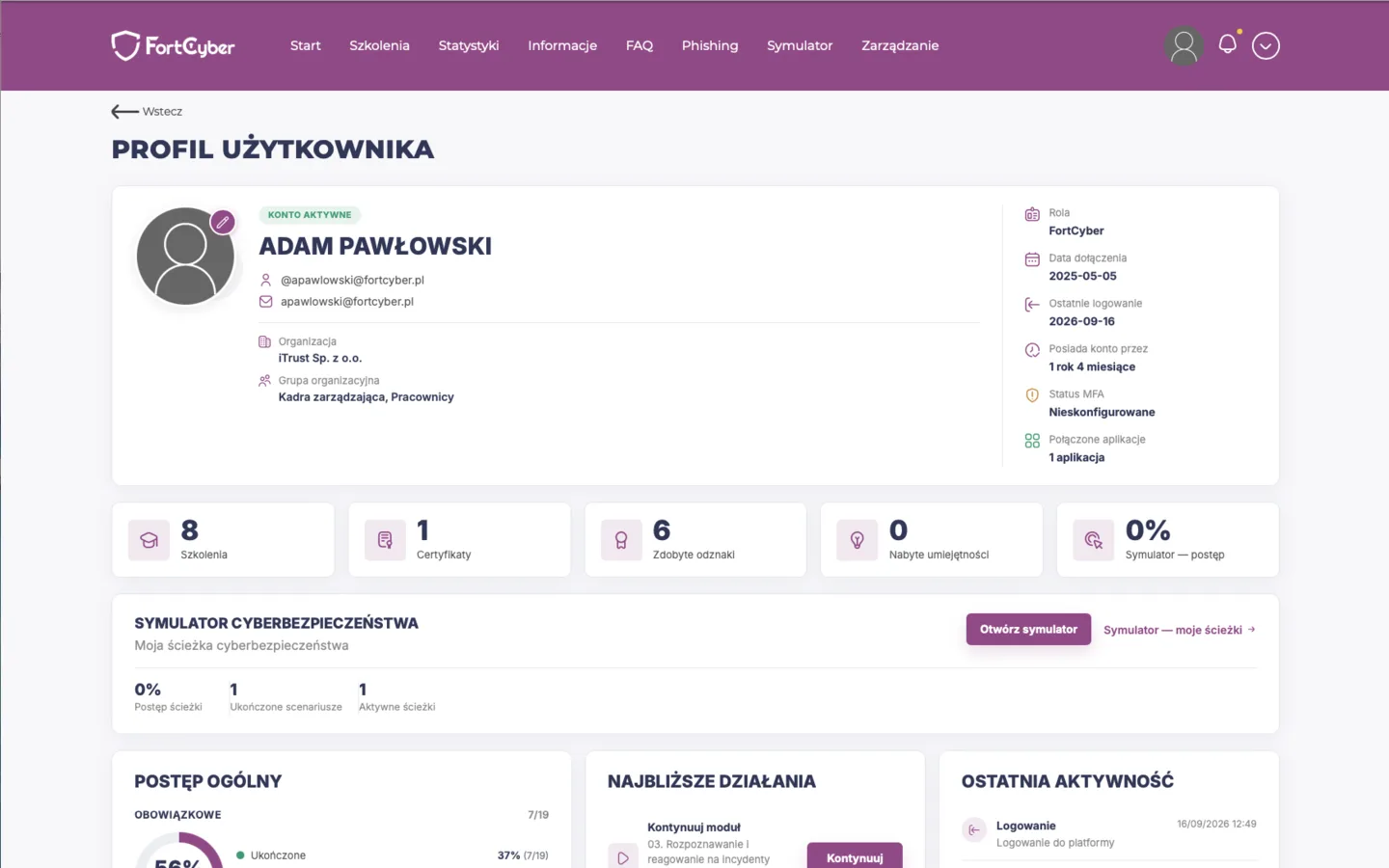 Profil użytkownika na platformie FortCyber: szkolenia, certyfikaty, odznaki, postęp ogólny i najbliższe działania