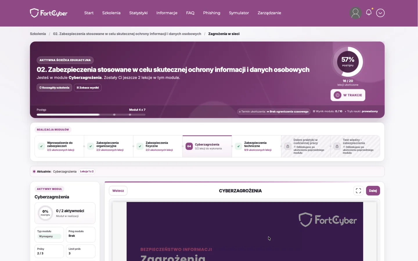 Platforma FortCyber: postęp szkolenia pracownika z modułami, lekcjami i aktywną lekcją wideo